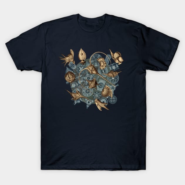 Ernst Haeckel Sepia Peridinea on Cerulean  Diatoms T-Shirt by Scientistudio